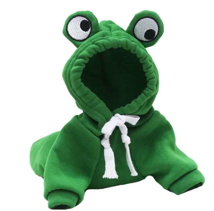Close-up of a cat wearing the Soft Warm Pet Hoodie in frog costume design