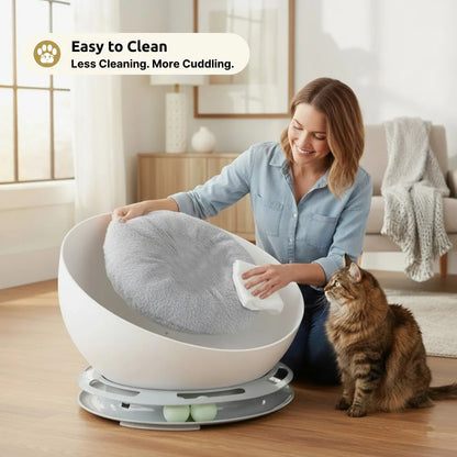2-in-1 Mochi Round Cat Bed with Built-In Rolling Toy