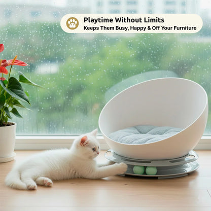 2-in-1 Mochi Round Cat Bed with Built-In Rolling Toy