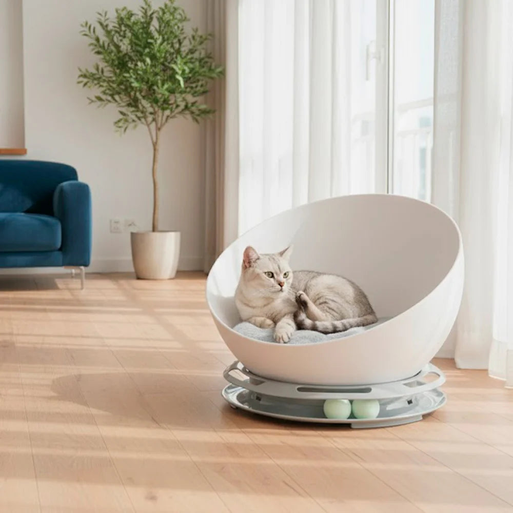 2-in-1 Mochi Round Cat Bed with Built-In Rolling Toy